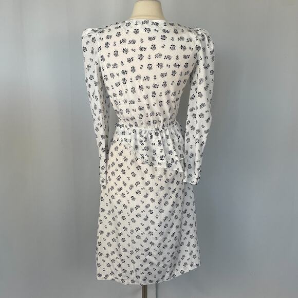 Vintage Midi Dress Size 10 White Black Ditsy Floral Puff Sleeve Peplum Retro 80s - Picture 10 of 16
